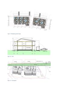 Bildet viser en samling tegninger fra en byggesak, inkludert etasjeplan (Figur 9), snitt (Figur 10) og terrengsnitt (Figur 11).