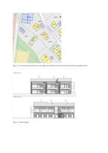 Bildet viser en fasadetegning (oppriks) av en bygning sett fra vest, samt en situasjonsplan øverst.