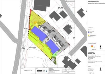 Situasjonsplan som viser tomtens form, byggegrenser, naboeiendommer og planlagt bebyggelse.