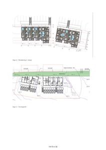 Bildet viser to tegninger: øverst en planløsning for 2. etasje (Figur 4) og nederst et terrengsnitt (Figur 5). Begge er relevante for romfordeling og bygningens plassering.