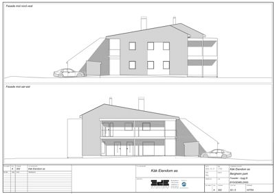 Fasadetegning som viser bygningens utseende sett fra to ulike vinkler (mot nord-vest og sør-øst).