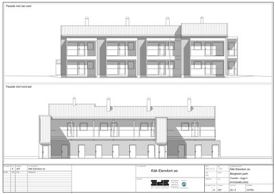 Bildet viser to fasadetegninger av en bygning, en for 'Fassade mot sør-vest' og en for 'Fassade mot nord-øst'.