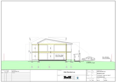 Fasadetegning som viser bygningens utseende sett fra siden, med mål og detaljer.