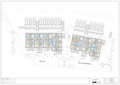 Etasjeplan for to bygninger (BYGG A og BYGG B) med romfordeling, parkeringsplasser og fellesarealer.