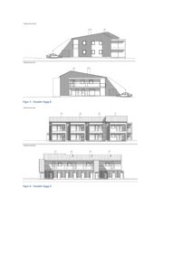 Bildet viser fasadetegninger for to bygninger (Bygg A og Bygg B) sett fra flere vinkler.