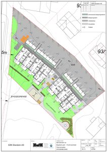 Situasjonsplan som viser tomtens form, bygningens plassering, beplantning, veier og fellesareal.