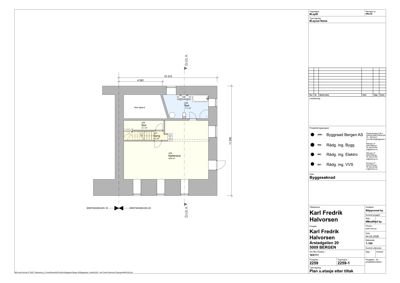 Etasjeplan (plan 1. etasje) for en byggesak, som viser romfordeling, dimensjoner og arealoppdelinger.