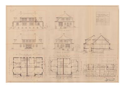En tegningssamling som viser flere fasadeoppsett (fra ulike vinkler) og to etasjeplaner for en bygning.