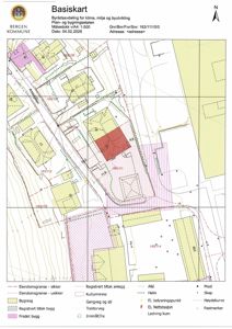 Basiskart fra Bergen kommune som viser eiendomsgrenser, bygninger, alléer og topografi.