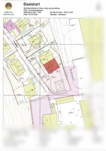 Basiskart fra Bergen kommune som viser eiendomsgrenser, bygninger, alléer og topografi.