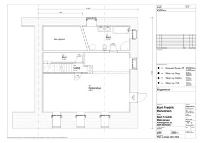 Etasjeplan for kjelleretasje som viser romfordeling (Kjellerstue, Bod, Gang, Bad) og utvendige vegger.