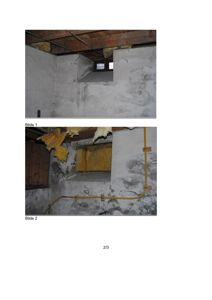 Fotografier av en innvendig vegg i en bygning, som viser isolasjon, en gul gassledning og et vindu.