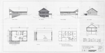 Bildet viser en arkitektonisk tegning med flere deler, inkludert fasadeoppriks, etasjeplan (PLAN 1. ETG), loftplan (LOFTPLAN) og snitt (SNITT).