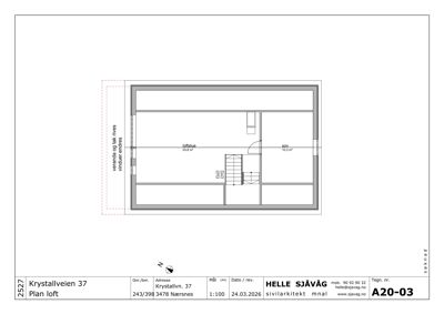 Etasjeplan for loftet (Plan loft) med romfordeling, dører og vinduer.