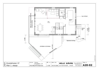 Etasjeplan for 1. etasje med romfordeling, mål og endringsnotater.