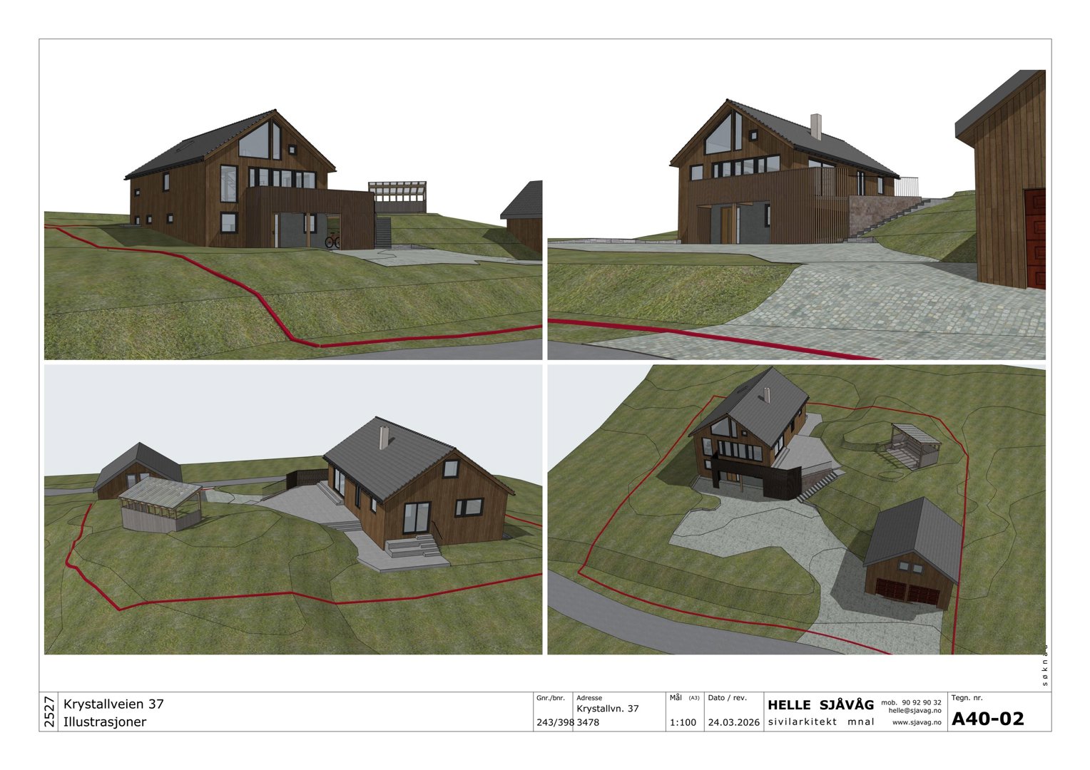 Bildet viser fire 3D-visualiseringer av et hus og dens omgivelser, inkludert fasade og situasjon.