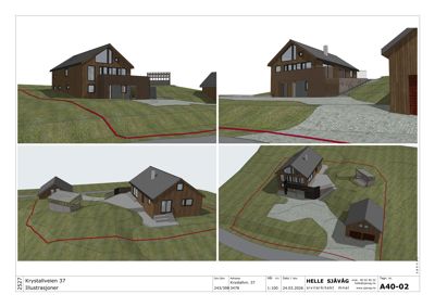Bildet viser fire 3D-visualiseringer av et hus og dens omgivelser, inkludert fasade og situasjon.