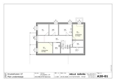 Etasjeplan for plan underetasje med romfordeling og arealoppsett.