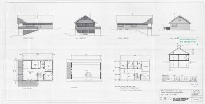 Bildet viser en tegningssamling som inkluderer fasadeoppriks og flere etasjeplaner (1. etasje, loft, 2. etasje) samt et snitt. Siden det inneholder flere planer, er 'floor_plan' den mest relevante klassifiseringen.
