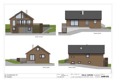 Bildet viser fire fasadetegninger av en bolig, vist fra forskjellige vinkler (nordvest, sydvest, sydøst, nordøst).