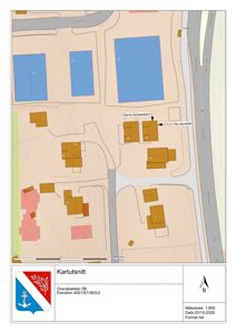 Kartutsnitt (situasjonsplan) som viser eiendommen Gravabakken 5B, omgivende tomter, veier og nabolag.