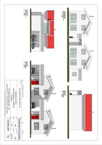 Fasadetegning (arbeidstegning) som viser bygningens utsyn fra fire sider: Vest, Nord, Sør og Øst.