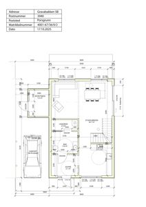 Etasjeplan med romfordeling, mål og funksjon for en bolig (Gravabakken 5B).