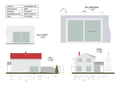 Fasadetegning med utsnitt og oppriss av bygning sett fra øst og nord
