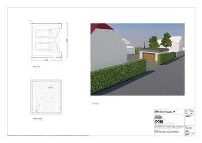 Bildet viser en 3D-visualisering (rendering) av en garasje og en del av en bolig, samt tilhørende tekniske tegninger for garasjen.