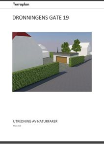 3D-visualisering av en bolig med garasje og hage, sett fra gaten.