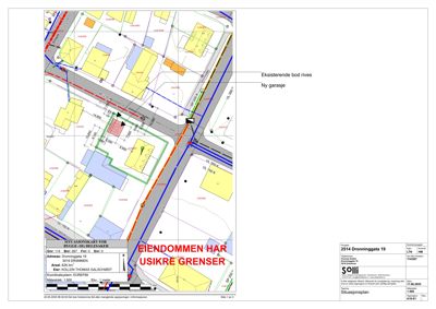 Situasjonsplan som viser eiendomsgrenser, naboeiendommer og planlagte endringer (ny garasje, rivning av bod).