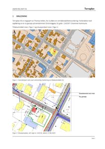 Bildet viser to kartutsnitt: et oversiktskart (Figur 1) som viser eiendommen i nabolaget, og en situasjonsplan (Figur 2) som viser detaljert plassering av eksisterende og nye bygninger (garasje) i forhold til gater og naboeiendommer.