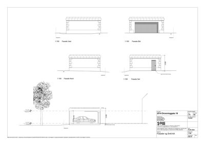 Fasadetegning som viser bygningens utseende fra alle fire sider (Vest, Øst, Nord, Sør) samt et snitt (AA) som viser innvendig høyde og parkeringsrom.