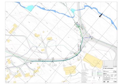 Situasjonsplan som viser tomtens beliggenhet i forhold til nabolag, veier, elv og topografi.