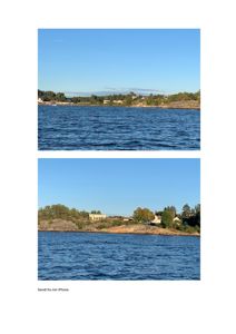 To fotografier av en kystlinje med hus og vann, tatt med mobiltelefon.