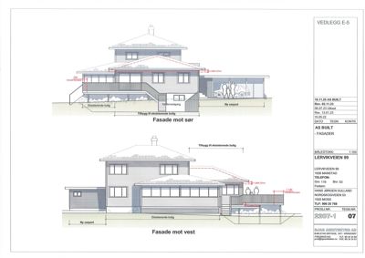 Fasadetegning som viser bygningens utseende fra sør og vest, inkludert detaljer om tilbygg, carport og eksisterende deler.