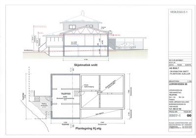 Bildet viser et skjematisk snitt gjennom en bygning (kjeller og etasje) med mål og konstruksjonsdetaljer, samt en planutsnitt av kjelleren.
