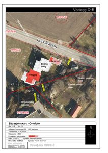 Situasjonskart (ortofoto) som viser eksisterende og planlagt bebyggelse, eiendomsgranser og tilstøtende infrastruktur.