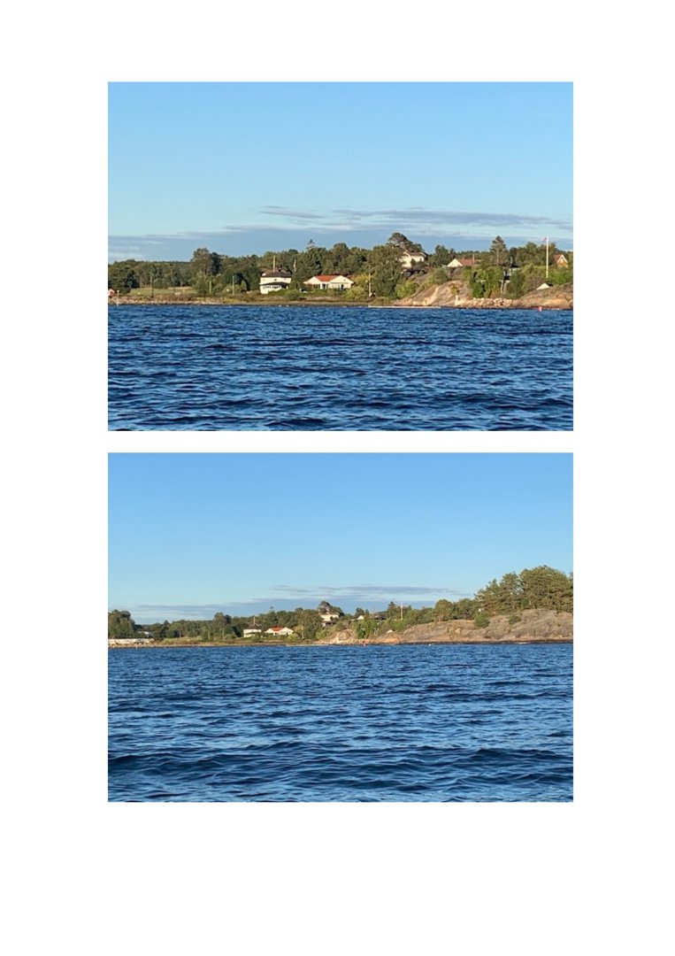 Fotografier av en kystlinje med hus og vegetasjon sett fra vannet.