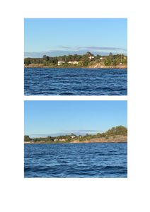 Fotografier av en kystlinje med hus og vegetasjon sett fra vannet.