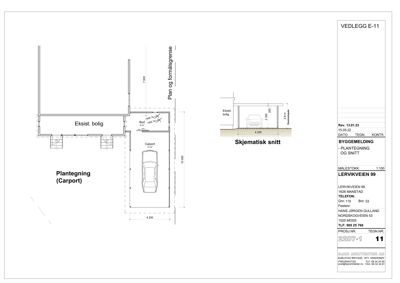 Plantegning av carport og eksisterende bolig med angitte mål og formlåsgrenser.