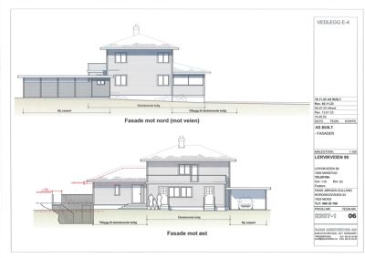 Fasadetegning som viser bygningens utseende sett fra nord og øst, inkludert eksisterende og nytt tilbygg.