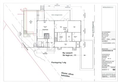 Plantegning av første etasje (1. etg) som viser romfordeling, dimensjoner og grenser for tilbygg og eksisterende deler.