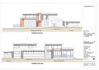 Tegning som viser fasadeoppsett for en bolig, med to utsnitt: 'Fasade mot sør' og 'Fasade mot vest'.