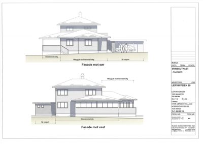 Fasadetegning som viser bygningens utseende fra sør og vest, inkludert eksisterende deler, tilbygg og ny carport.