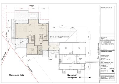 Plantegning av første etasje (1. etg) som viser romfordeling, dimensjoner og forhold til eksisterende og nytt tilbygg.
