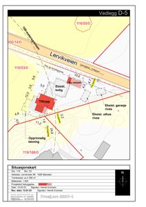 Situasjonskart som viser tomtens beliggenhet, eksisterende og nytt bygg, vegger, og grenser.
