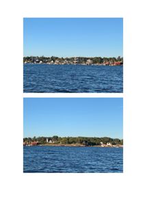 Fotografier av et kystlandskap med hus og båter i bakgrunnen, sett fra vannet.