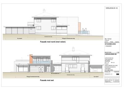 Fasadetegning som viser bygningens utseende fra nord og øst, inkludert detaljer om ny carport, tilbygg og eksisterende deler.