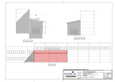 Fasadetegning som viser oppriss av bygningens fasader (syd, nord og øst) med mål og detaljer for et overbygg.